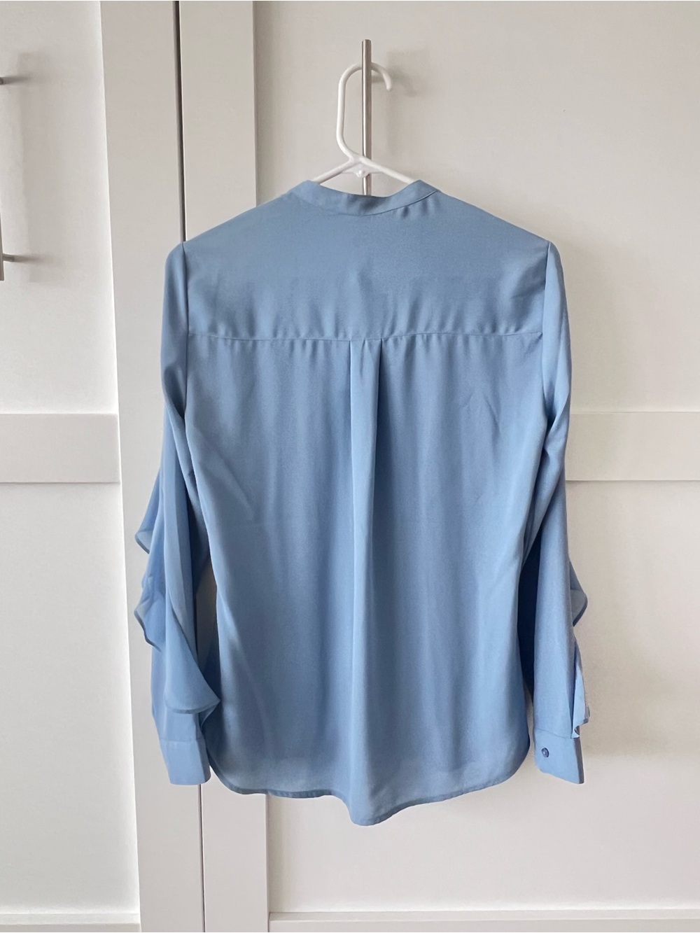 Express Light Blue Ruffle-Trim Button Front Blouse - Picture 3 of 6